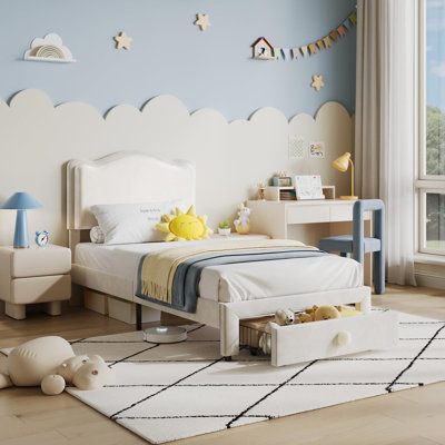 Lit plateforme simple tapissier avec tête de lit ondulée et tiroir de rangement - Structure de lit pour enfant en velours avec support en lattes de bois, aucun sommier
