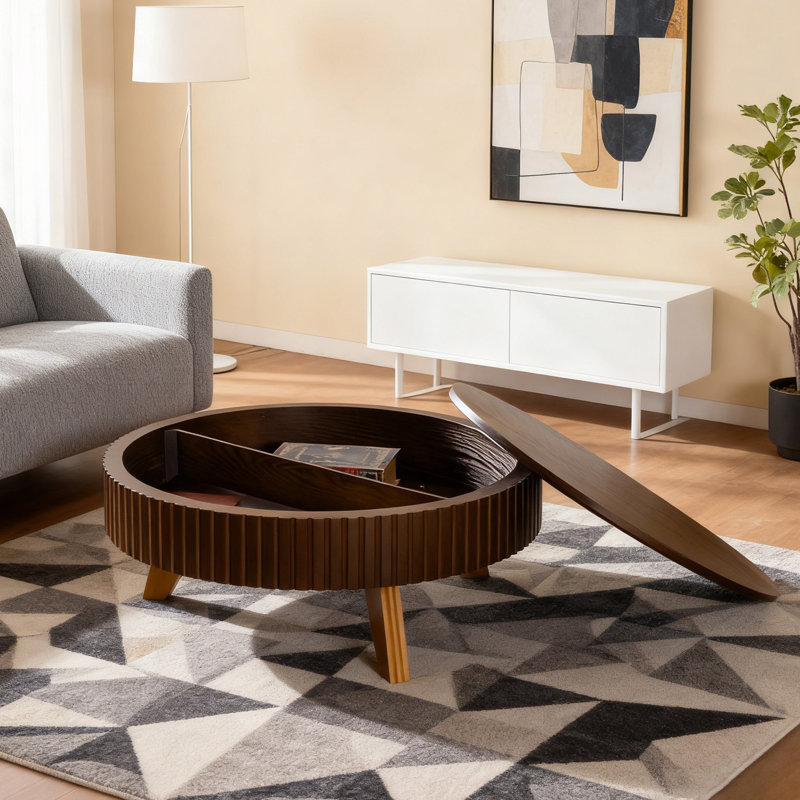 Table basse ronde avec espace de rangement, H 15,7 po x L 39,7 po x l 39,7 po, Brun / Naturel