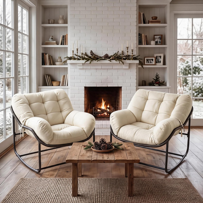 Fauteuil à bascule Papasan d'extérieur avec coussin moelleux, chaise berçante en osier en forme d'œuf pour terrasse, véranda, jardin, structure renforcée résistante aux intempéries