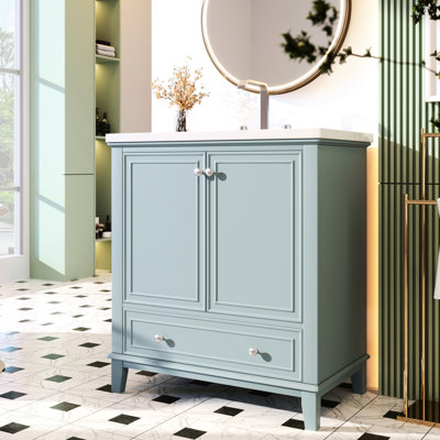 Meuble-lavabo de 30 po avec lavabo en céramique - Armoire moderne avec portes et tiroirs multifonctionnels en bois massif et tablette réglable