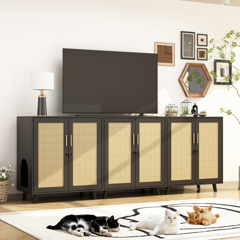 Enceinte de litière moderne pour chat avec serrure et porte en sisal, Noir