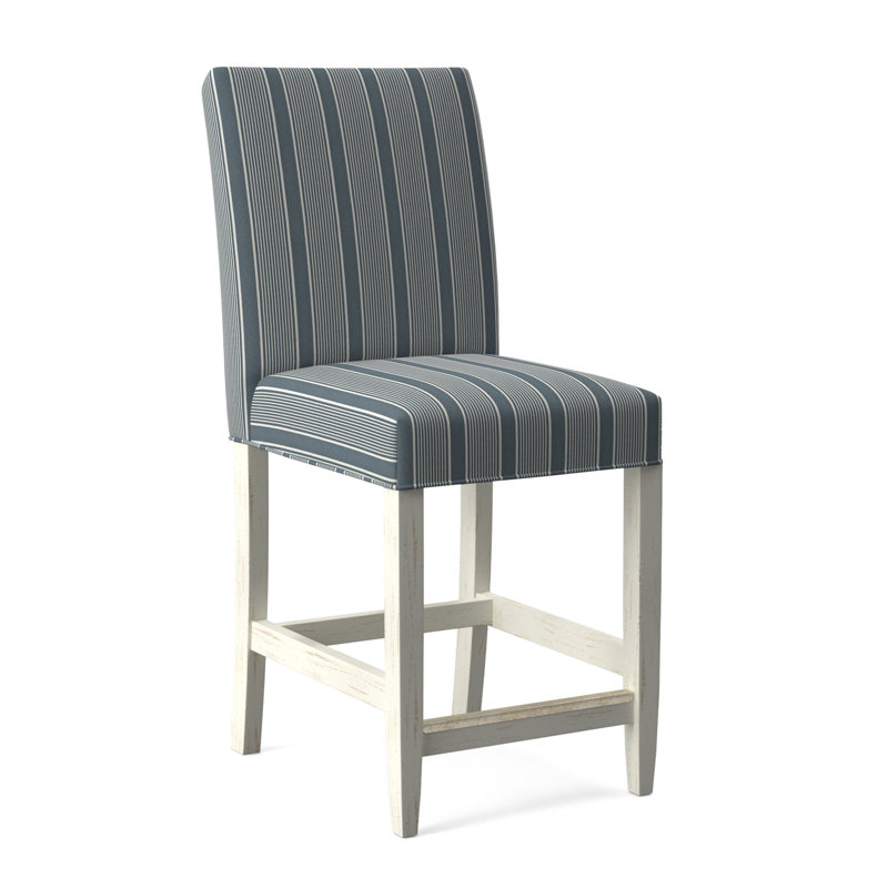 Manhattan Upholstered Stool with Solid Wood Frame, Green and Blue Stripe; 0252-54, Antique Frost White Finish