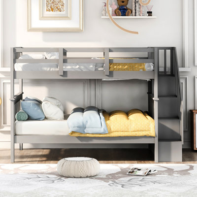 Lit superposé gris avec rangement et garde-escalier. Pour chambre à coucher. Bois massif. Rangement généreux. Escaliers sécuritaires. Style polyvalent. Aucun sommier tapissier requis. 250 lb supérieure, capacité de poids inférieure de 300 lb.