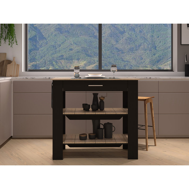 Îlot de cuisine H 37 po, deux tablettes de rangement ouvertes, un tiroir, quatre pieds, support à serviettes