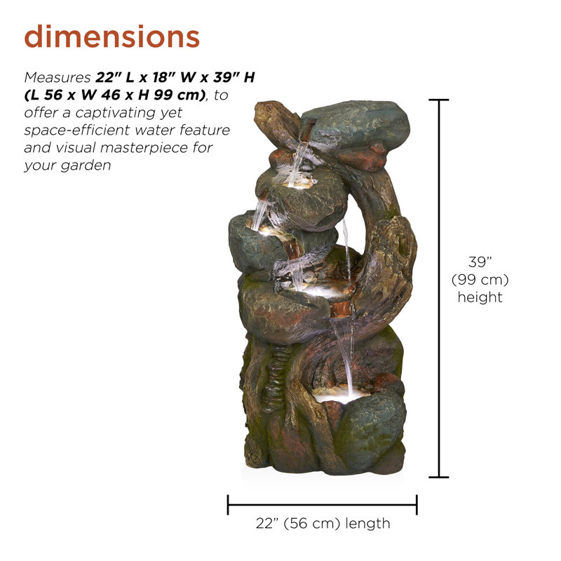 Cascading Rock and Tree Trunk Fountain with LED Lights
