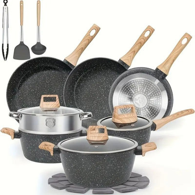 17 Pot And Pan Set, Non-Stick Pan, Kitchen Cookware Set, White Granite Non-Stick Cooking Set Including Frying Pan, Pan, Steamer, Silicone Spatula And