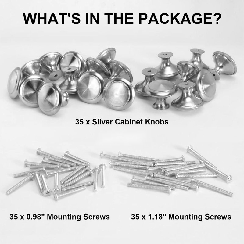 Paquet de 35 boutons d'armoire en nickel brossé - Boutons de tiroir ronds en acier inoxydable de 30 mm avec vis, quincaillerie d'armoire moderne pour la cuisine, la commode et les meubles