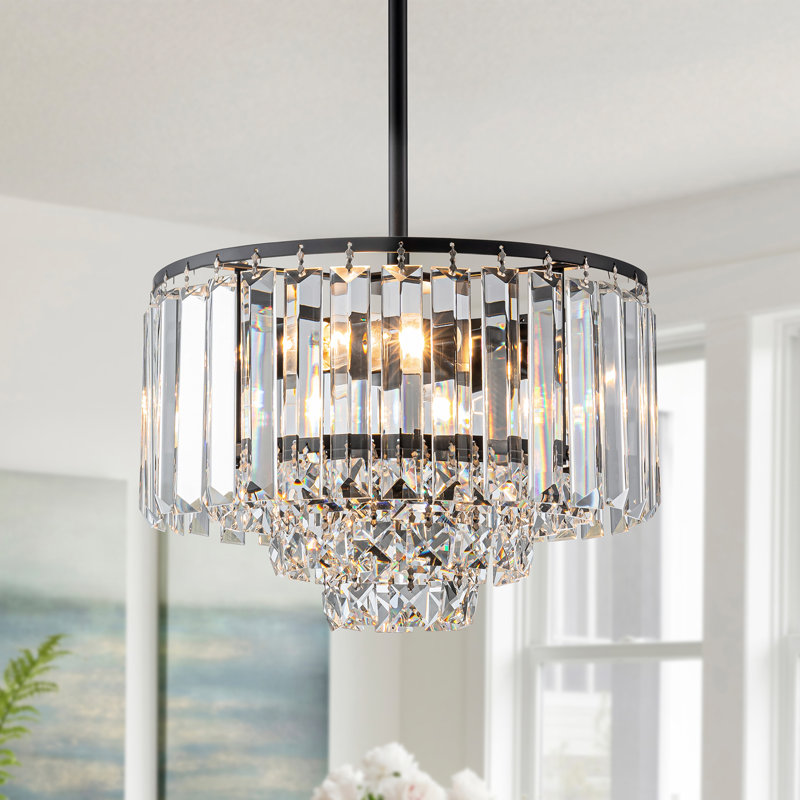 Lustre moderne en cristal à 4 niveaux, Noir mat, Deux lumières