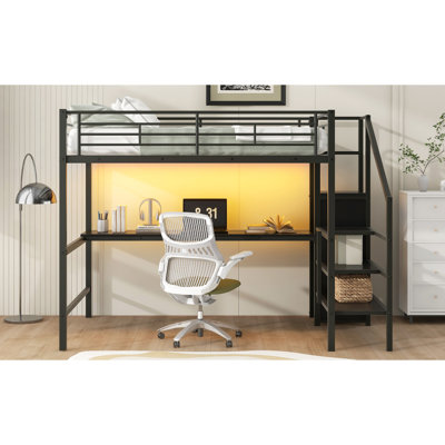 Black Full - Size Metal Loft Bed With Desk, Storage Staircase, Small Wardrobe And 7 Color Led, Space Saving Comfortable Featuring Efficient Functional