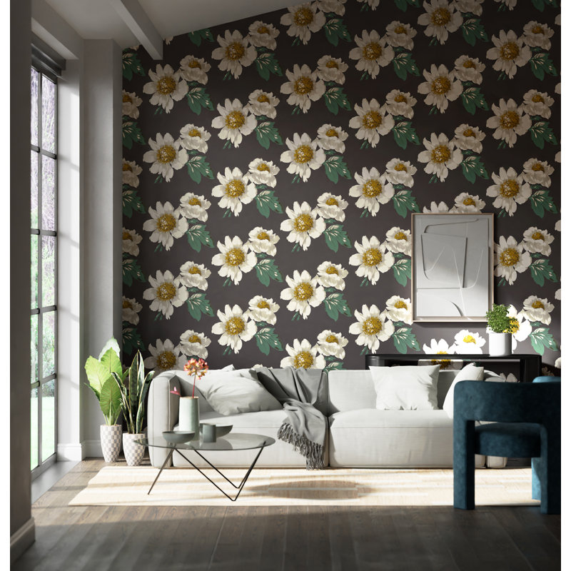 Paeonia Wallpaper, Black Earth/Fig Leaf/Gold