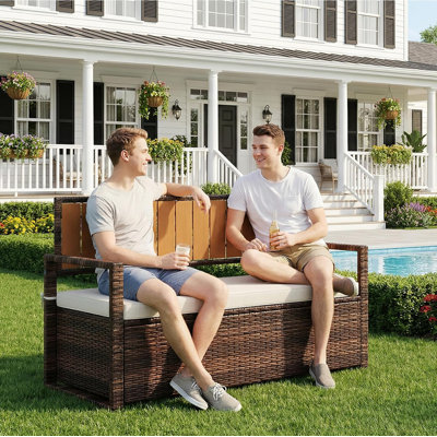 Banc de rangement en osier brun foncé, repose-pieds en rotin de grande capacité avec siège imperméable blanc, coffre en fer durable et cadre en bois pour l'organisation de couvertures de jouets, le patio et l'intérieur
