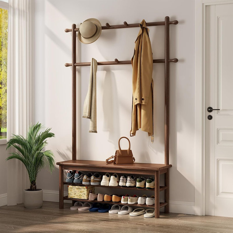 Coat Rack With Shoe Storage, Wooden Hall Tree With Bench, 11 Hoo...