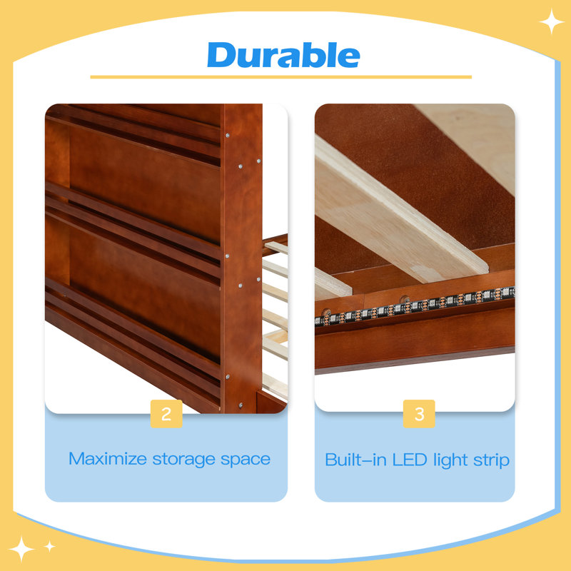Sturdy Construction Twin Over Full Bunk Bed With Shelf And LED, Espresso