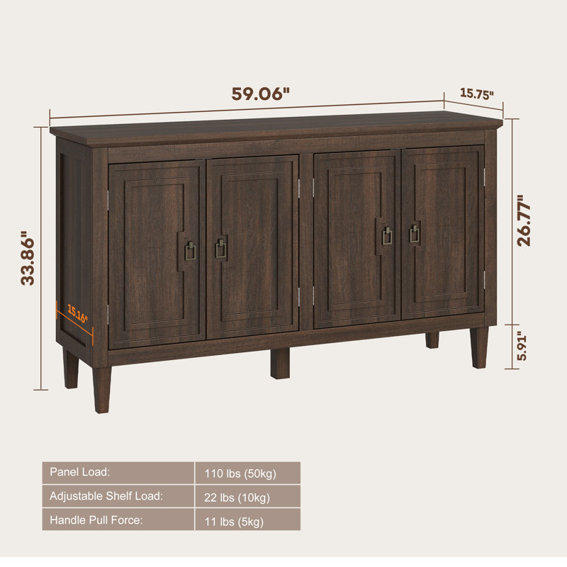 Mid Century Modern Sideboard, Solid Wood Buffet Cabinet With 4 Doors, Storage Console For Dining Room, Living Room & Entryway