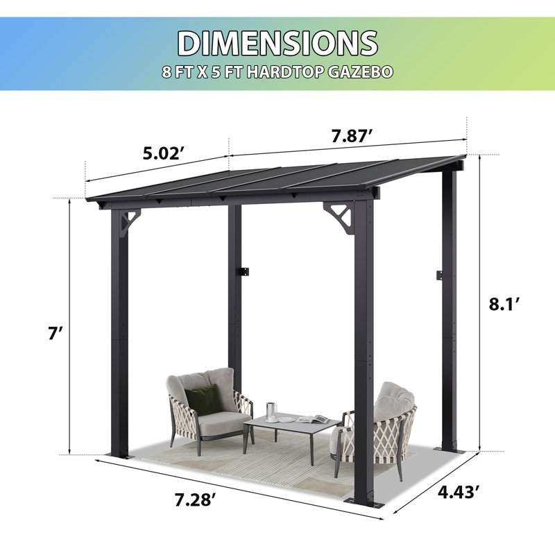 Pavillon de jardin 8 pi x 5 pi de qualité supérieure avec cadre supérieur en aluminium et panneau en polycarbonate, pergola à gazébos murale