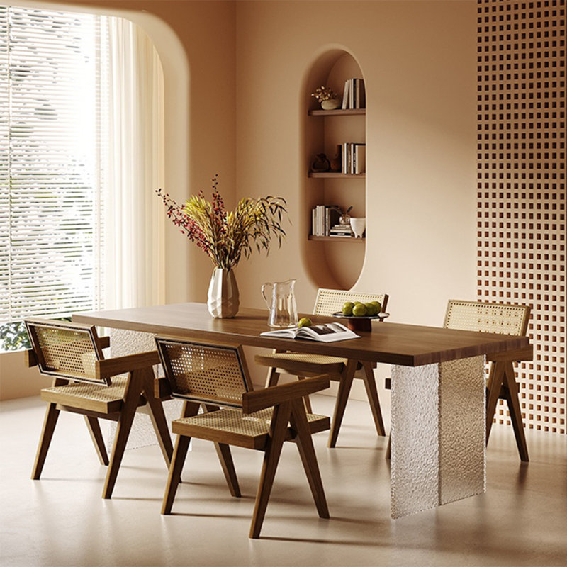 Modern natural solid wood dining table set, 29.52"H x 86.61"L x 35.43"W