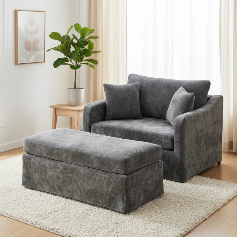 45"w Slipcovered Oversized Accent Chair With 2 Pillow With Ottoman;chenille, Charcoal