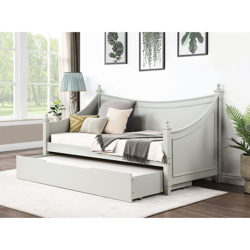 Lit de jour simple gris, style transitionnel, moulure, affiche avec embouts, bois massif pour matelas avec finition grise, style design et pièce de mobilier multifonctionnelle