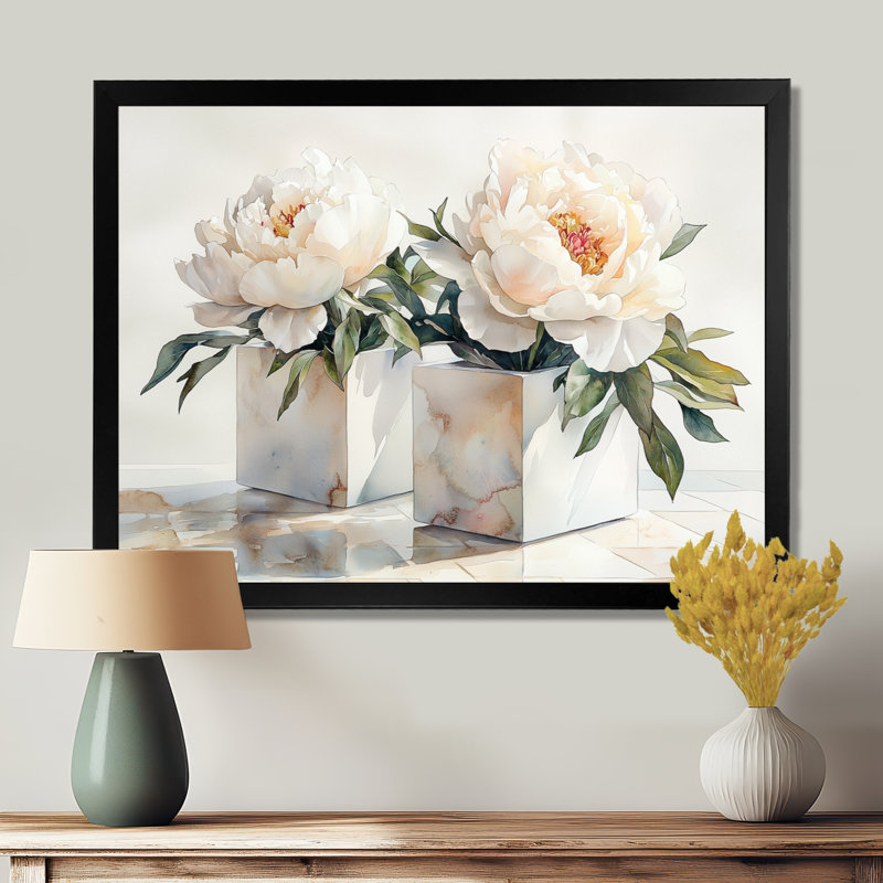 Minimal pivoines dans des cubes blancs II - pivoines, art mural, H 12 po x l 20 po, Cadre simple noir