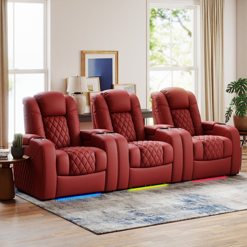 Siège de jeu pour fauteuil de cinéma inclinable électrique en cuir fleur avec plateau de chargement USB et porte-gobelets (ensemble de 3)