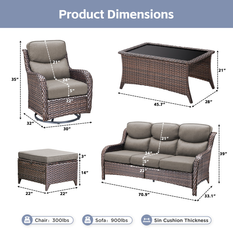 6-Piece Outdoor Wicker Patio Conversation Set With Swivel Chairs And Coffee Table, Brown, Gray