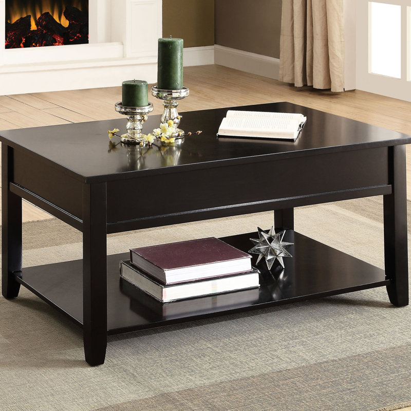 Table basse à plateau relevable en noir avec espace de rangement ouvert et conception fonctionnelle pour l'espace de vie