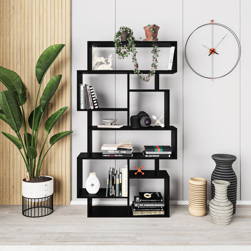 Sandra Bookcase | Asymmetric Freestanding Bookcase with 10 Compartments, Black
