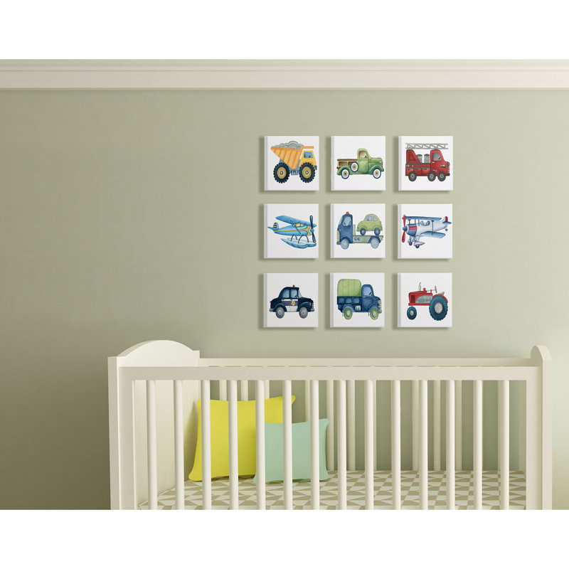Truck and Plane Transportation Illustrations 9pc Stretched Canvas Wall Art Set