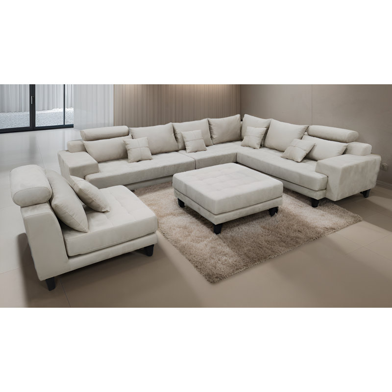 Mandey Upholstered Sectional Reversible, Beige Microfiber/Microsuede