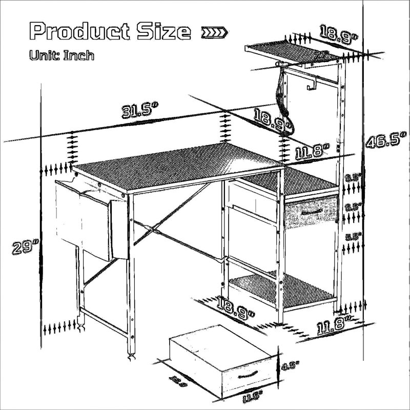 Bureau de jeu compact avec lumières DEL et rangement, petit bureau d'ordinateur avec support pour unité centrale réglable, tiroir en tissu et tablettes pour le bureau à domicile et les jeux