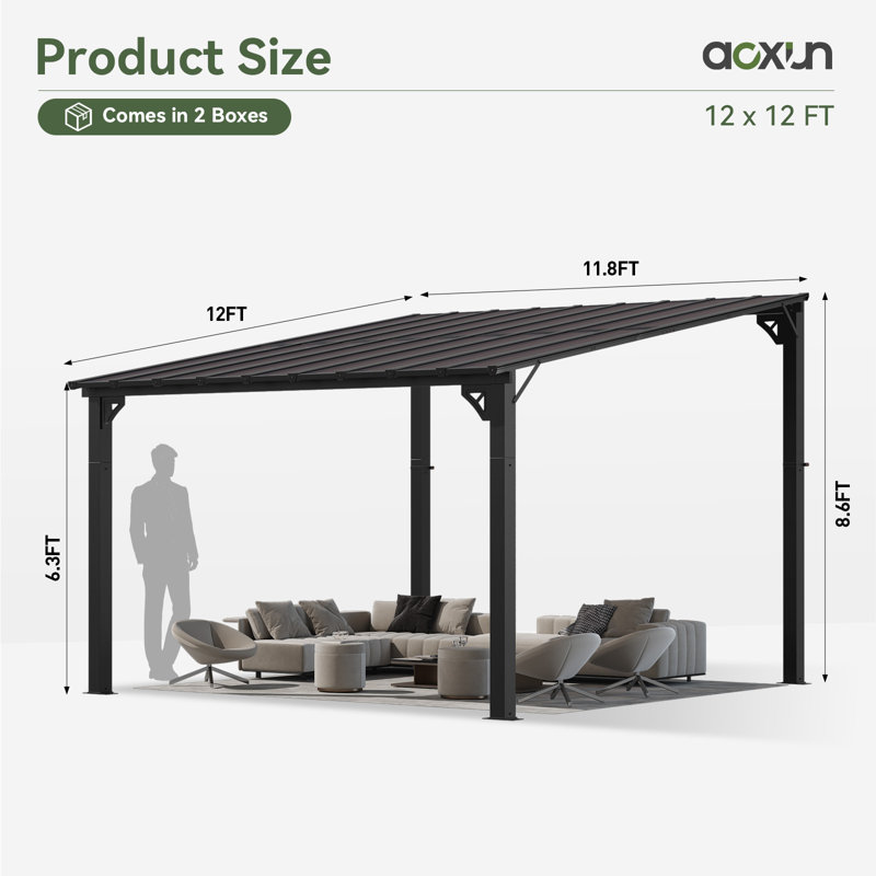 13 pi. L 12 pi. Pergola en métal avec auvent, 102.36" H x 142.52" W x 141.34" D