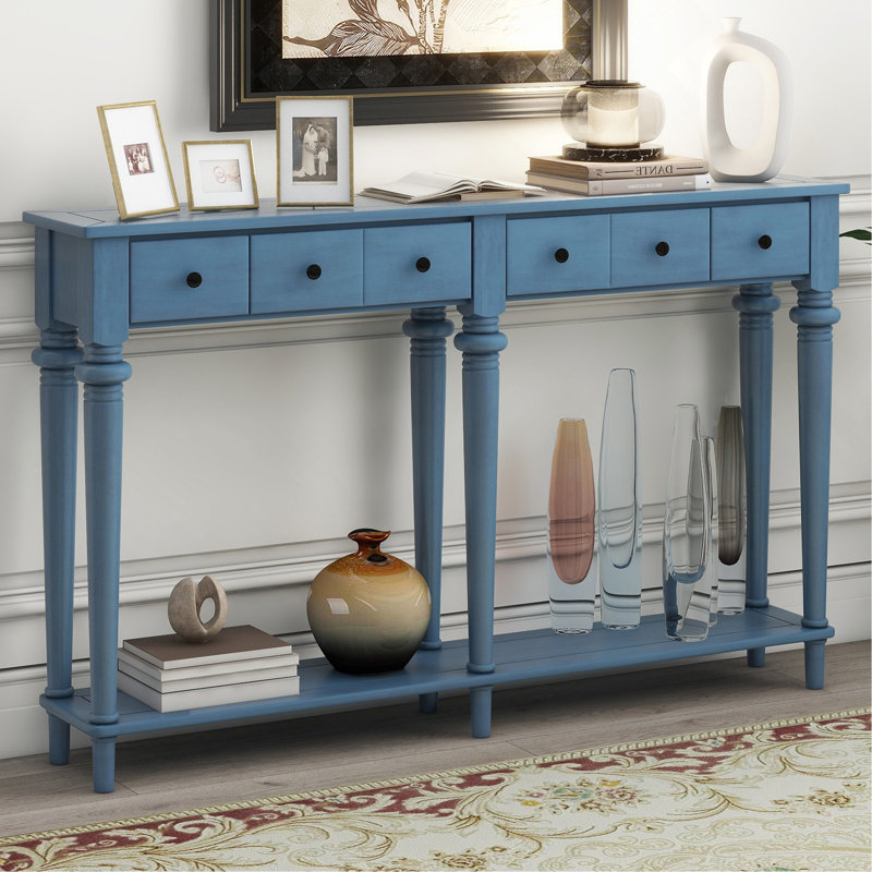 Table d'entrée avec 4 tiroirs, console rétro avec tablette ouverte pour les entrées, les salons et les couloirs, Marine