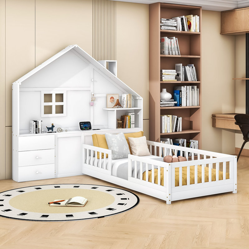 Lit maison avec 2 tiroirs, tablettes, prises et port USB, Simple