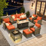 Allcot 7 - Person Wicker Outdoor Conversation Set, Patio Fire Pit Set with Lighted Coffee Table and Cushions