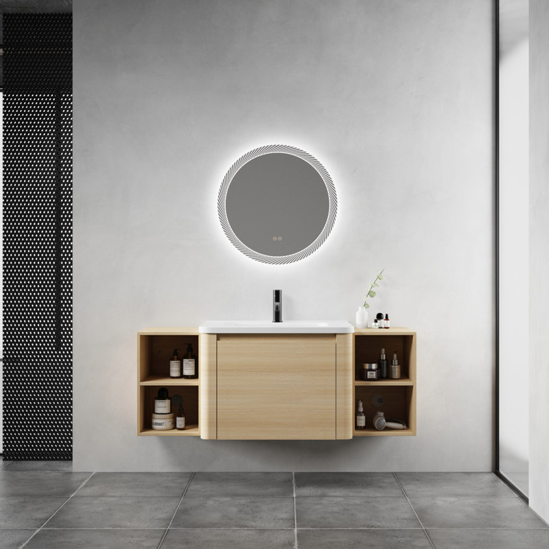 Meuble-lavabo mural moderne avec lavabo, céramique blanche et contreplaqué, chêne contemporain