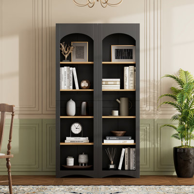 5 Tier Bookshelf Pair, 2 Units, Black Cabinet With Adjustable Shelves For Bathroom Modern Storage Pair , 2 Shelves, Look,