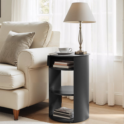 Indoor 3-Tier Metal Round Side Table With Sliding Door Cabinet, Matte Black