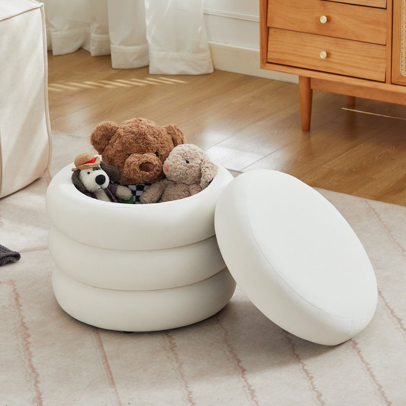 Repose-pieds rond avec rangement en velours / lin Leiani, Velours blanc