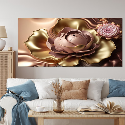 Rétro, rétro, abstrait, fleurs roses et dorées I - Art mural floral