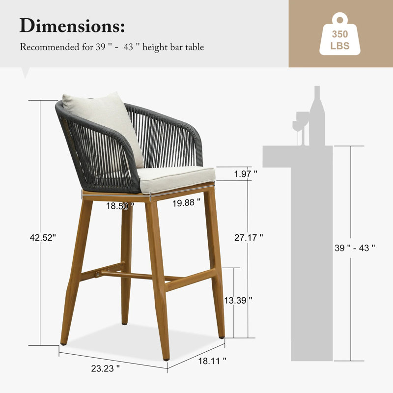 Tabouret de bar à dossier haut et à accoudoirs avec coussin et coussin amovibles PURPLE LEAF, Teck / crème