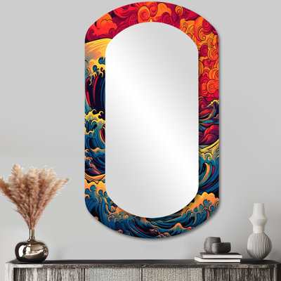 Majestic Sunset Wild Waves Breaking Retro Art I - Waves Asymmetrical Decorative Wall Mirror, Red Cylinder Large Mirror, Printed Metal Art