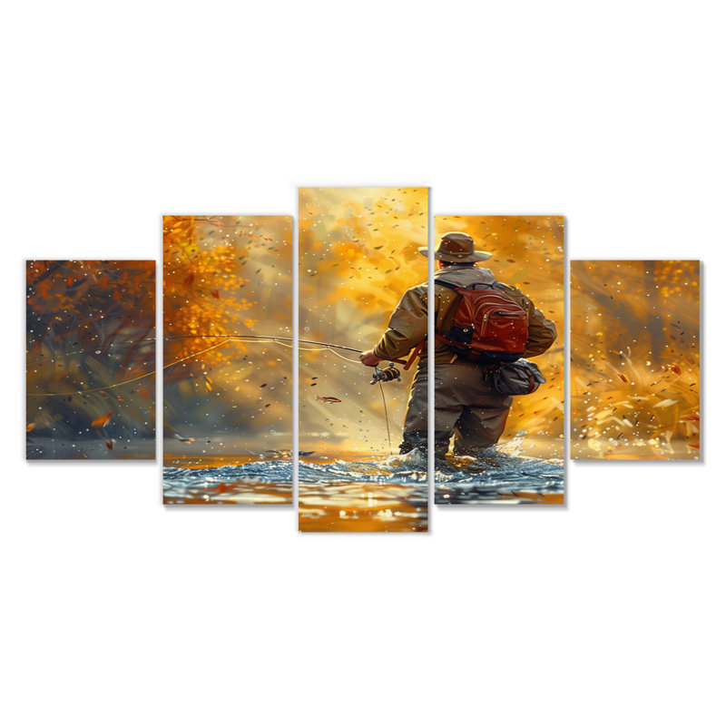 Autumn River Fishing - Chasse et pêche, ensemble de salon d'art mural