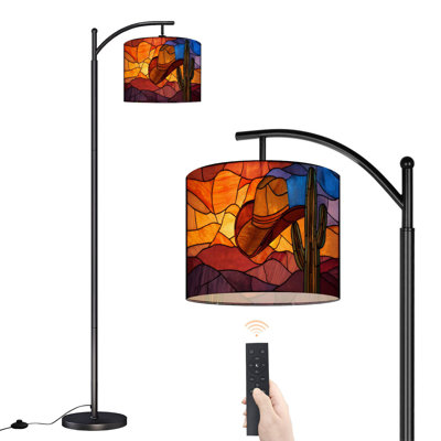 Arc Floor Lamp with Adjustable Lampshade Western Panel Cowboy Hat Cactus Sunset Standing Lamp 3 Color Temperatures Dimmable Tall Pole Lamp with Foot Switch for Bedroom