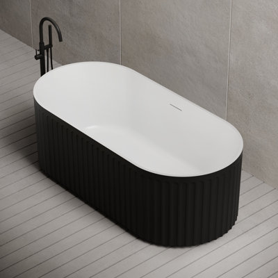 Baignoire de trempage autoportante cannelée en acrylique noire 59 "x 29,5" avec trop-plein et bonde escamotable pour salle de bain MonBlari
