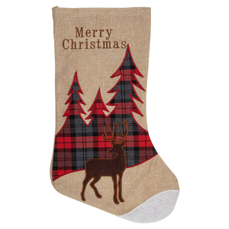 Chaussette de Noël 19 po beige et rouge à motif écossais