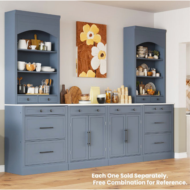 Modern 83.7inch High Kitchen Pantry, Freestanding Tall Kitchen Hutch with Faux Marble Top, Display Cupboard Cabinet with 5 Storage Drawers and Adjustable Shelf, Gray