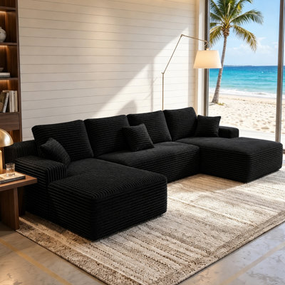 Compression-Boneless 131" U-Shaped Modular Sectional Sofa With 2 Chaise Lounges And 1 Loveseat, Convertible Corduroy Couch, Compression Sofa No Assembly Required, Adjustable Pillow Back for Living Room,Black
