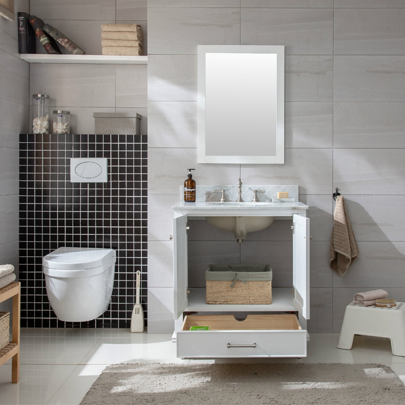 Meuble-lavabo simple 30 po avec plateau en pierre reconstituée Angelissa, Grain blanc / nickel brossé
