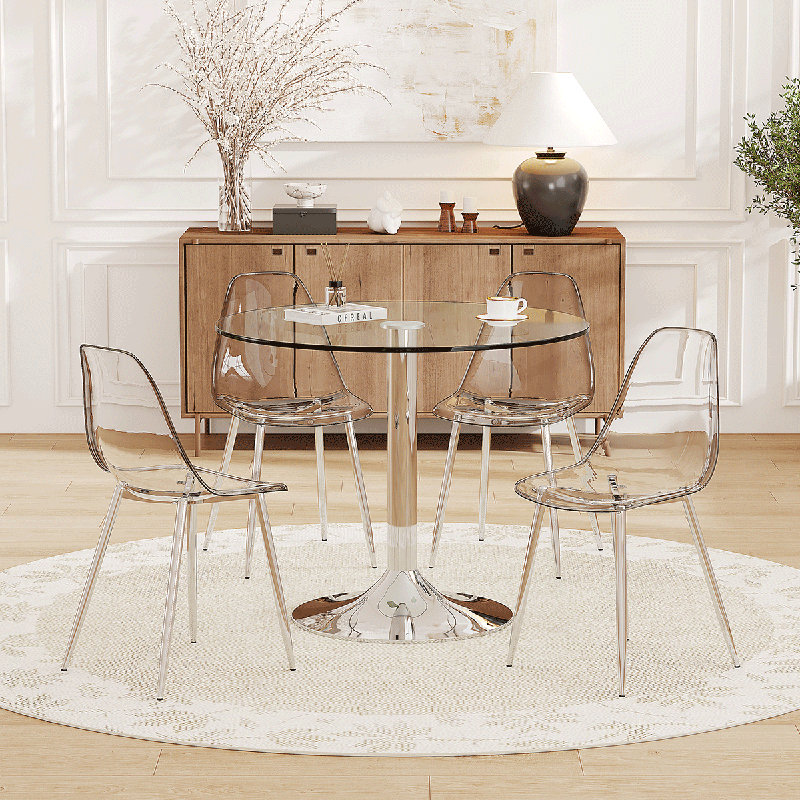 Modern Round Dining Table Set With Chairs, 35" Glass Top Kitchen Table For Small Spaces, Silver, Clear/Silver