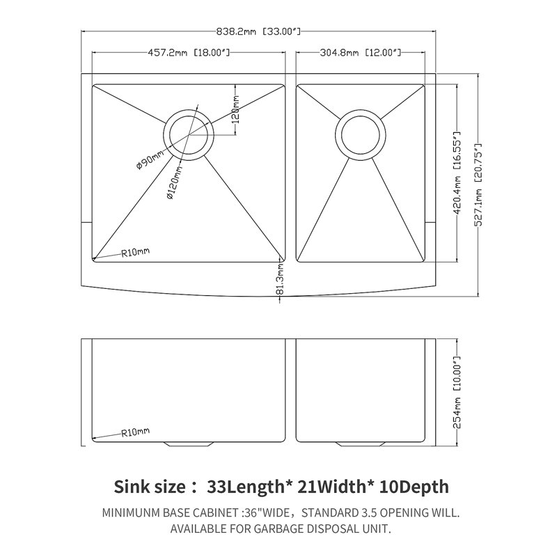 Double Bowl (60/40) Farmhouse Sink - 33"X21"X10" Stainless Steel Apron Front Kitchen Sink 16 Gauge With Two 10" Deep Basin